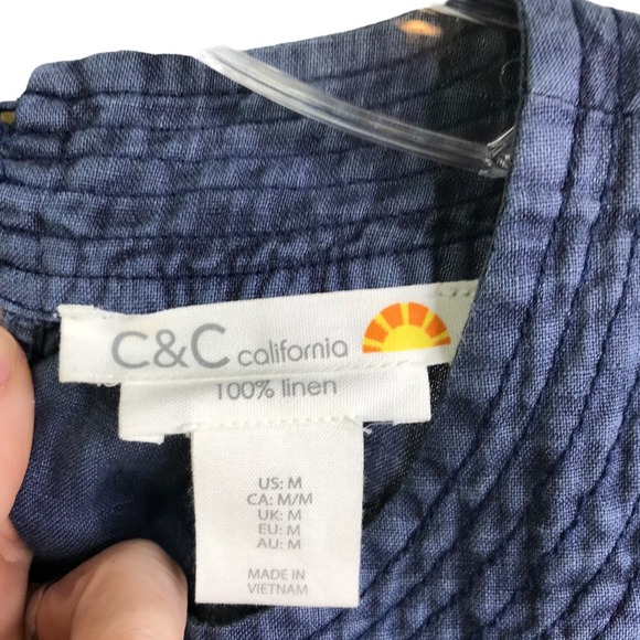 C&C California Mini Dress Womens M Blue Linen Sleeveless Keyhole Front High Neck - Picture 2 of 8